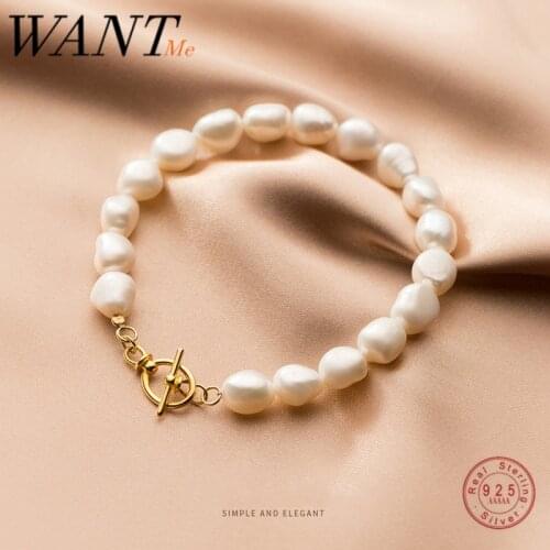 WANTME Real 925 Sterling Silver Natural Freshwater Geometry Baroque Pearl OT Buckle Charm Bracelet for Women Trendy Jewelry Gift