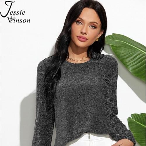 Jessie Vinson Long Sleeve Womens T-shirts Elegant Glittered Pullover Tshirts Woman Loose Tee Spring Autumn Tops Office 2020