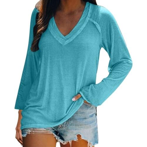 Plus Size Womens V-Neck Long Sleeve Casual Simple T-Shirts Pocket Patchwork Tops 2021 New Spring Women Loose T Shirts Tees