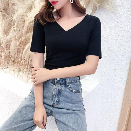 Gkfnmt Summer Sexy Cotton Half Sleeve T shirt Women Tops Tshirt Korean T-shirt Clothes Slim Chic White Tee Shirt Femme 2020