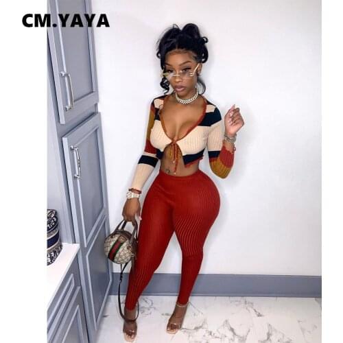 CM.YAYA Women Set Print Full Sleeve Bandage Slim Crop Tops Skinny Pencil Pants Two 2 Piece Sets Fashion Tracksuit Autumn Outfits