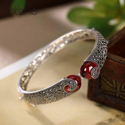 Vintage Mysterious Marcasite Bangles for Women Vintage Thai Silver Ethnic Open Bangle Garnet Fashion Jewelry 925 Silver