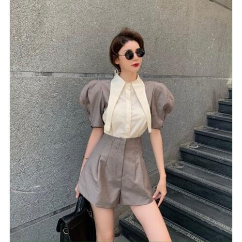 Female Summer Casual OL Vintage Shirt Shorts Suits Women Puff Sleeve Tops&High Waist Wide leg Shorts 2 Piece Set Hot Outfits