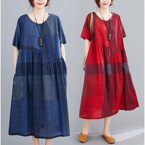 2021 New Arrival Soft Cotton Linen Short Sleeve Loose Summer Dress Print Plaid Patchwork Holiday Travel Casual Women Midi Dress