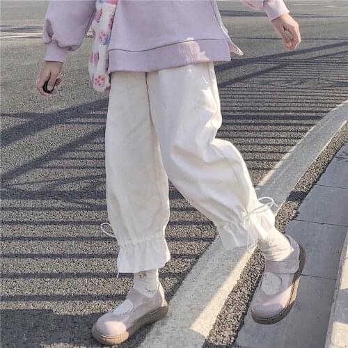 Japanese Lolita Style Spring Women Pants High Waist Black White Loose Female Trousers Cute Kawaii Sweet Preppy Capris