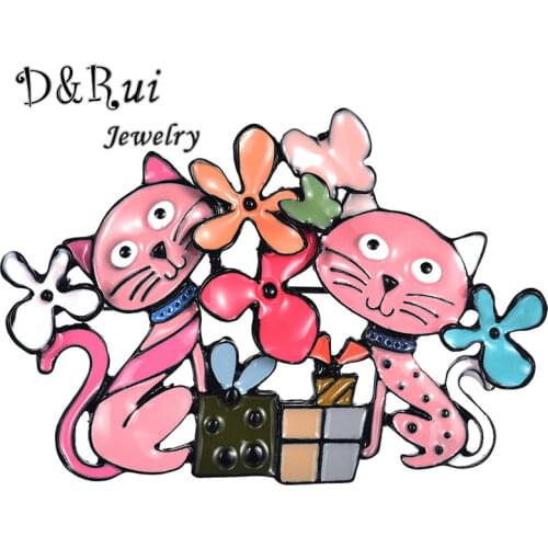 D&Rui Jewelry 2019 Couple Cat Enamel Animal Brooch Kid Cartoon Flowers Brooches and Pins Metal Pin for Clothes Christmas Gift