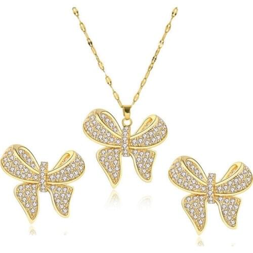316L Stainless Steel Simple Complex Golden Bow Necklace Earrings Set Wedding Jewelry Set No Fade