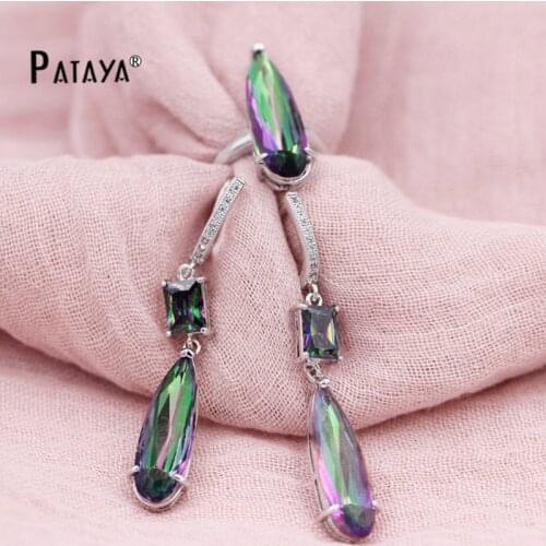 PATAYA Water Drop Nigerian Wedding Oval Jewelry Sets Long Earrings Rainbow Ring Sets Bride True White Gold Jewelry Sets