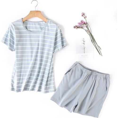 Summer Short Pyjamas Women Cotton Short Sleeves Ladies Pajama Sets Shorts Pink/Gray Green Striped Sleepwear Women Homewear