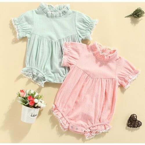 Baby Girls Summer Linen Bodysuits Infant Toodler Girls Lace Trim Stand Neck Short Sleeves Jumpsuit Bodysuits for 0-24M