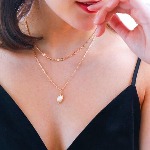 Multi-layer necklace, metal bead chain, card neck chain, golden edging natural freshwater pearl accessories, women