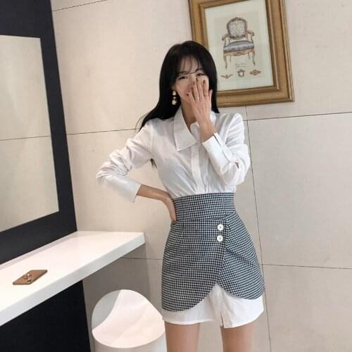 Fashion women elegant comfortable new arrival temperament white long basic shirt and mini plaid skirt trend 2 pieces women set