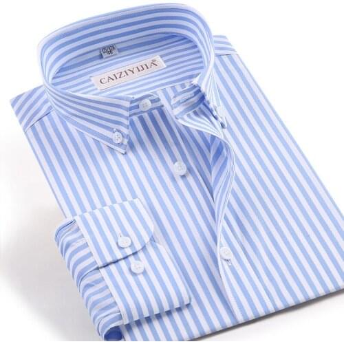 Mens Long Sleeve Pinpoint Striped Cotton Shirt Wrinkle Free Business Casual Button Down Easy-care Dress Shirts