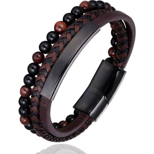 New Natural Stone Bracelets Genuine Leather Braided Bracelet Stainless Steel Magnetic Clasp Tiger eye Bead Bangles Men Jewelry