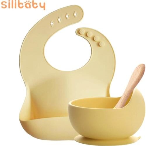 3PCS Baby Feeding Tableware BPA Free Baby Silicone Bowl Bibs Spoon Set Non-slip Childrens Suction Plate Bowl Waterproof Bib