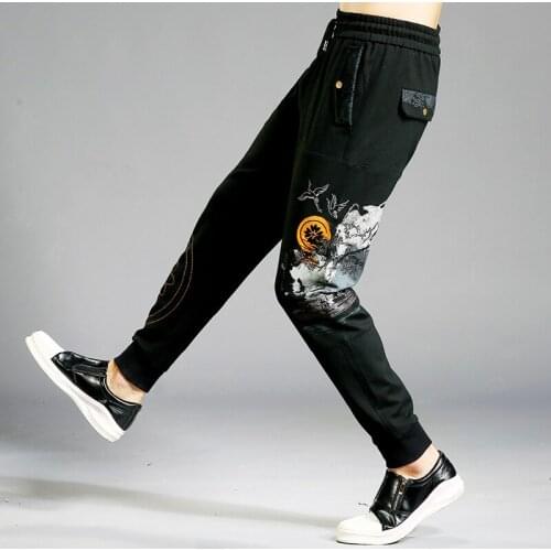 New Chinese Style Embroidery Casual Sweatpants Pencil Pants Elastic Waist Trousers Black Size M-4XL A6