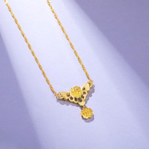 24k Gold Necklace Pendant for Women Simple Retro Flowers Necklace Short China Female Fine Jewelry Gifts for Wedding Birthday