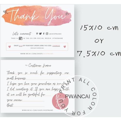 Social Media Editable Thank You For Your Purchase Card, Orange Color Order Note Marketing for Small Business With Coupon 50Pcs