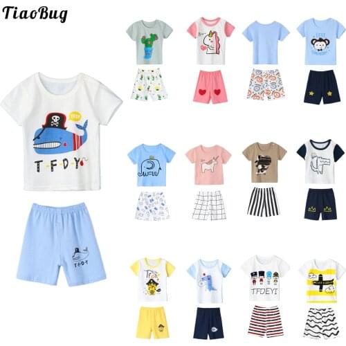 TiaoBug Summer 2Pcs Toddle Girls And Boys Cotton Cartoon Suit Round Neck Short Sleeves T-Shirts And Shorts Set