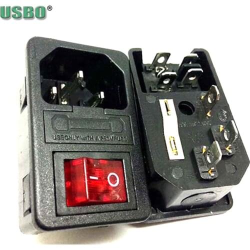 High quality black IEC320 C14 C13 10A 250V 4 pins UPS PDU Outlet with fuse holder AC Power Socket with red on-off rocker switch