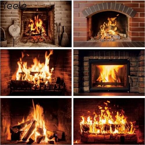 Yeele Brick Fireplace Burning Fire Winter Christmas Photography Backgrounds Photographic Customized Backdrops for Photo Studio
