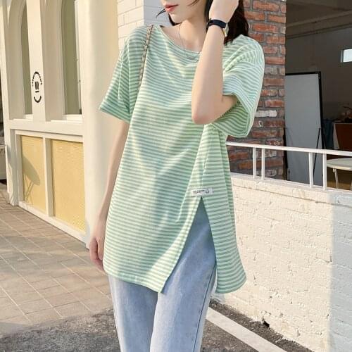 Striped Split Short Sleeve T-Shirt Women 2021 Summer New Loose Casual Long O-Neck Oversized Tees Shirts Girls Cotton Basic Tops