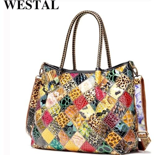 WESTAL women genuine leather handbag vinatge luxury brand shoulder bag for lady crossbody bags for women patchwork designe 7370