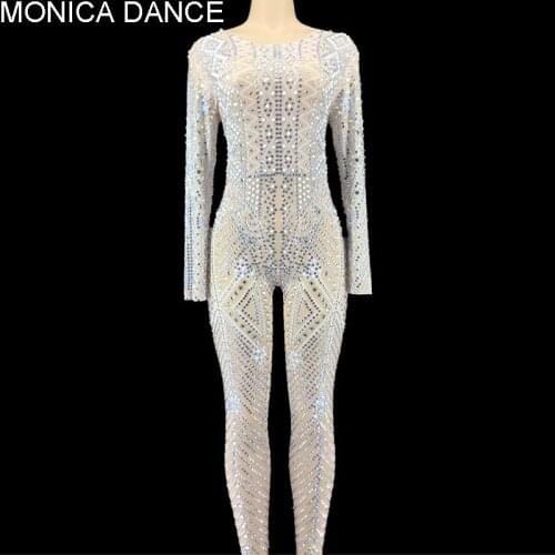 Women Sexy Stage Mesh See Through Sparkly Bodysuit Rhinestone Jumpsuit Evening Birthday Celebrate Costume Perspective Jumpsuit