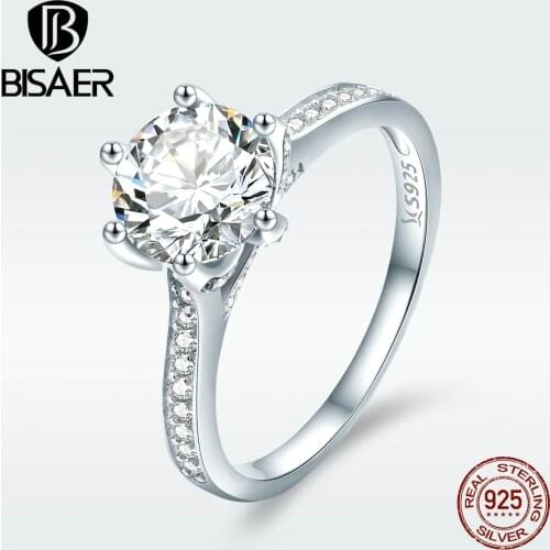 BISAER Authentic 925 Sterling Silver Anel Engagement Ring Forever Love Luminous CZ Female Rings for Women Wedding Jewelry ECR342