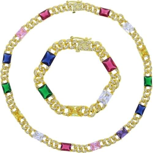 Iced Out Cuban Necklace Link Chain For Women Crystal paved heavy Chain Colorful New Choker Necklace Rainbow CZ Bracelet Jewelry