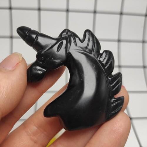 1PC 2'' Natural Obsidian Unicorn Quartz Healing Crystal Unicorn Animal Carving Horse Head