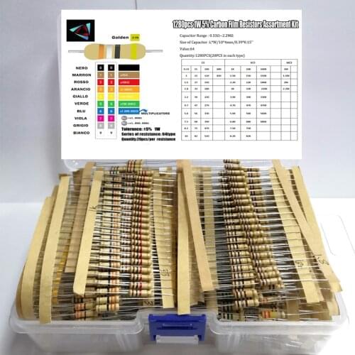 1W 5% 64 Values*20PCS=1280PCS 0.33R-2.2MOhm Carbon Film Resistor Assorted Kit