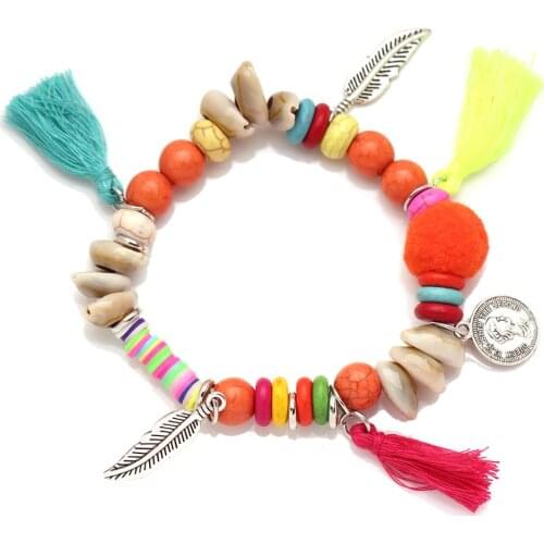 Bohemian Cowrie Seashell Polymer Clay Heishi Beads Cotton Tassels Stretch Bracelet Women Girl Shells Zinc Alloy feather Jewelry