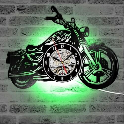 Motorcycle Shape Motorcycle Rider Vinyl Record Clock 3D Wall Clock with LED Luminous Wall Watch Home Decor Motorcycle Fans Gift