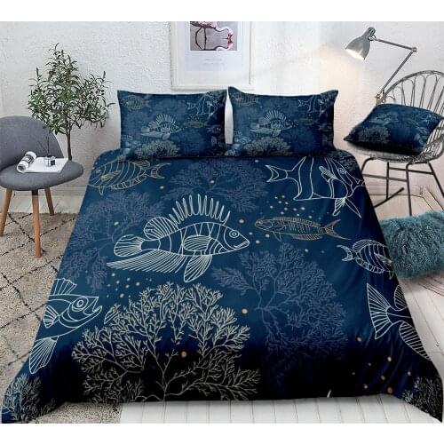 Fishes and Algae Bedding Set Ocean Duvet Cover Set Queen King Sea Quilt Cover Pillowcase Navy blue Bedclothes Bedroom Decor