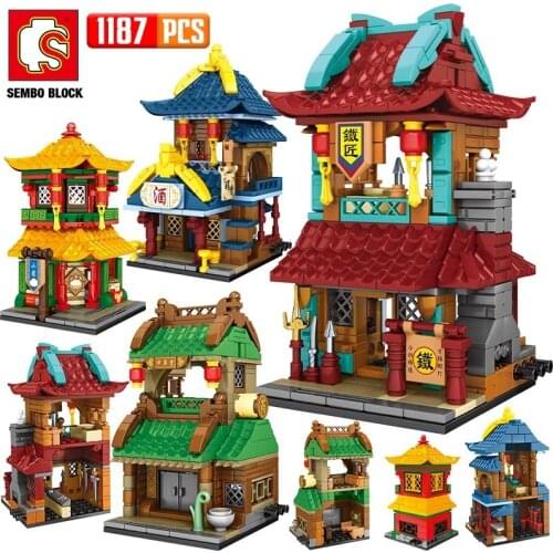City Street View Building Blocks Creator Classic Architecture Tavern Smithy Shop House Model Bricks DIY Assembly Toys For Kids