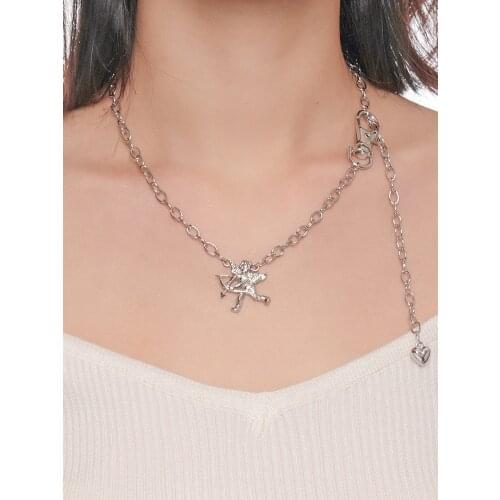 Metal Cute Silver Color Cupid Cherub Heart Pendant Necklace for Women Kpop Chain Around the Neck Y2k Fashion Gift Jewelry Choker