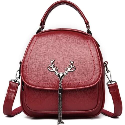 Fashionable Multifunctional Womens Backpack 2021PU Leather Deer Head Tassel Bag Designer Girl Backpacks Casual Retro Sac A Dos