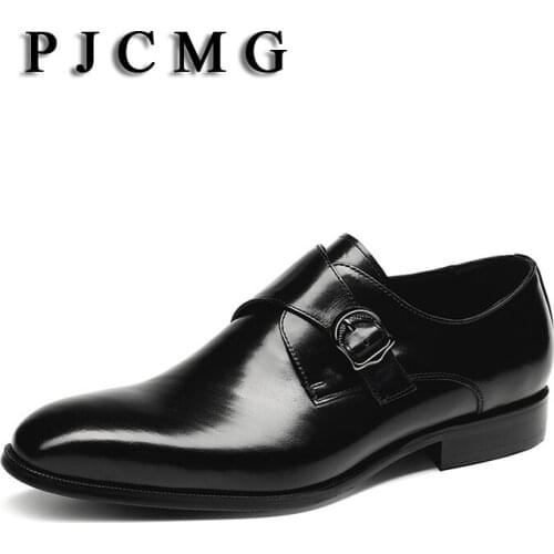 PJCMG New Breathable Mens Business Buckle Strap Black/Wine Red Formal Mens Dress Genuine Leather Wedding Oxfords Office Shoes