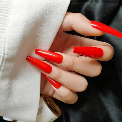 24pcs/set Long Coffin Shaped Fake Nails Pre-Finished Red Full Cover False Nails with Glue Artificial Ballet Manicure Nail Tips