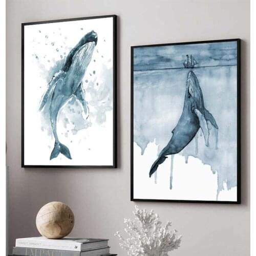 Watercolor Whale Animal Wall Art Poster Abstract Blue Ocean Landscape Canvas Painting Pictures Nordic Living Room Home Decor