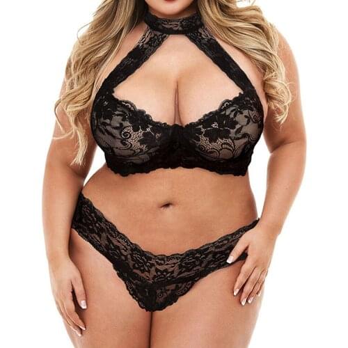 New Sexy Large Size Wire Free Halter Fashion Lace 2pcs Bra Set Lingerie Women Push Up Underwear Set HB364