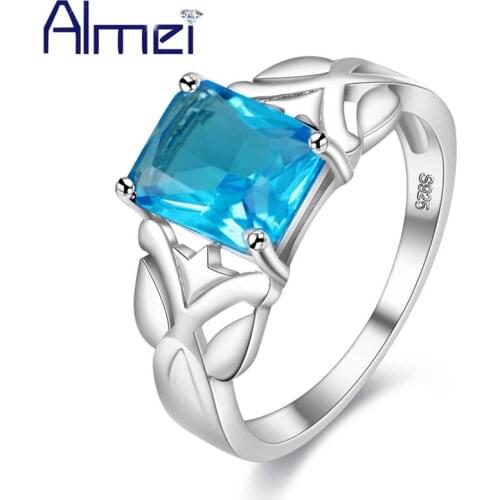 Almei Engagement Zircon Silver Color Rings For Women With Big Blue Square Stone Crystal Ring Jewellery Designer Jewelry Y005
