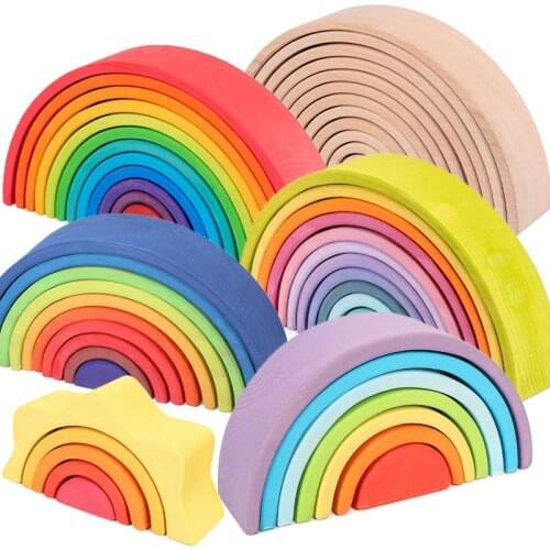 Large 12 Pieces Rainbow Stacker Nesting Puzzle Toys Tunnel Stacking Game Montessori Toys Baby Wooden Building Blocks Toddler Toy