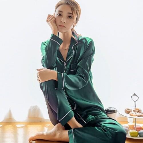 2 Pieces Faux Silk Satin Pajamas Set Autumn Women Sleepwear Long Sleeve Nightgown for Female Ladies Pyjamas