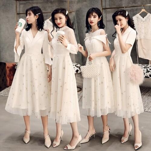 Bridesmaids Dresses Illusion Short O-Neck Embroidery Lace Tulle Off The Shoulder Luxury Champagne Women Wedding Party Gown E668