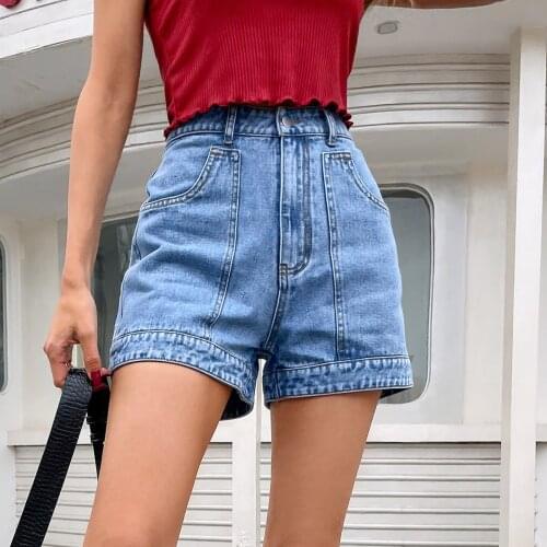 2021 Summer High Waist Denim Shorts Women Casual Loose Ladies Fashion Roll Up Hem Elastic Waist Pocket Blue White Jeans Female