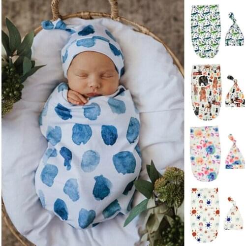 Infant Baby Sleeping Bag Bedding Stuff Newborn Swaddle Blanket Sack Baby Cocoon Swaddle Wrap with Matching Top Knot Hat