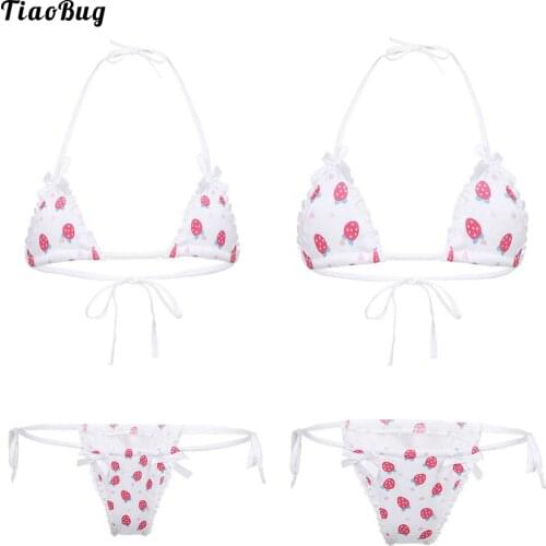 TiaoBug Girls Sexy Bikini Set With Lace And Strawberry Print For Private Home Wear Pajamas Swimming