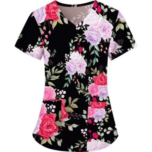 2021 Women Blouse Short Sleeve V-neck Floral Pattern Tops Clinic Clothing With Pocket Nursing Working Uniform Shirts Femme Tops